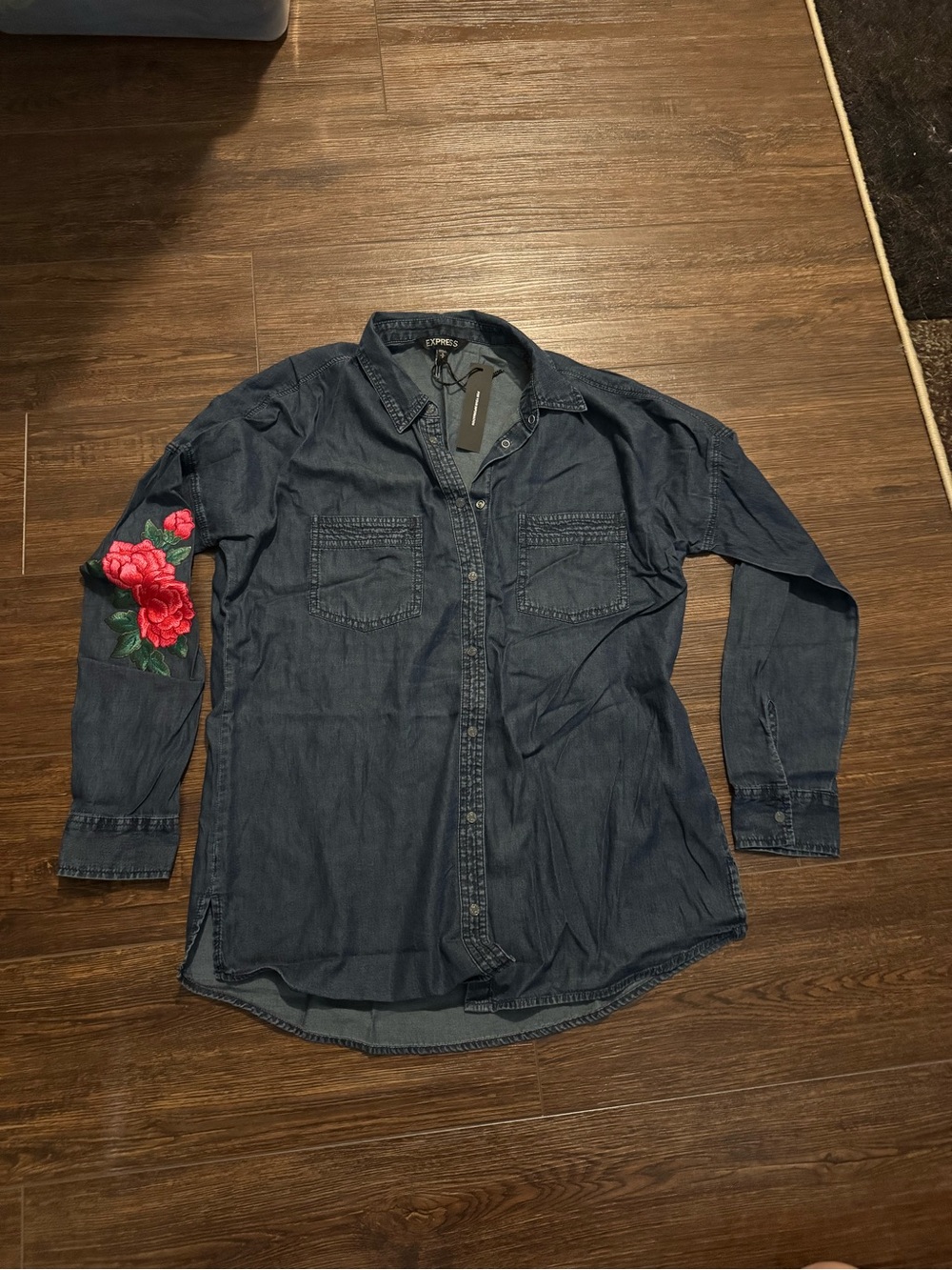 Express Navy Denim Shirt with Red Rose Embroidery